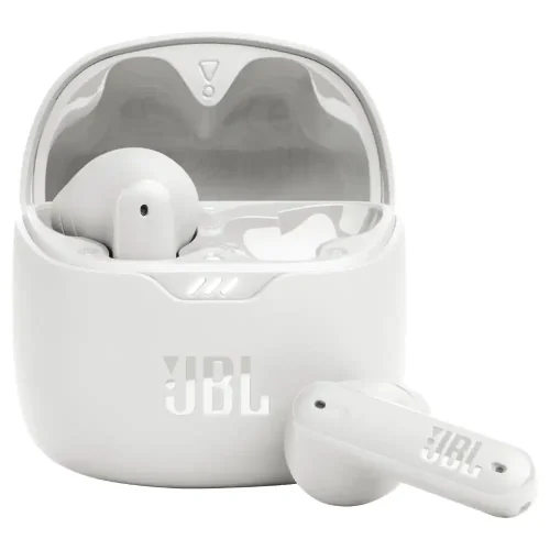 هندزفری JBL Tune Flex سفید با یک ایرباد داخل محفظه شارژ و دیگری بیرون آن