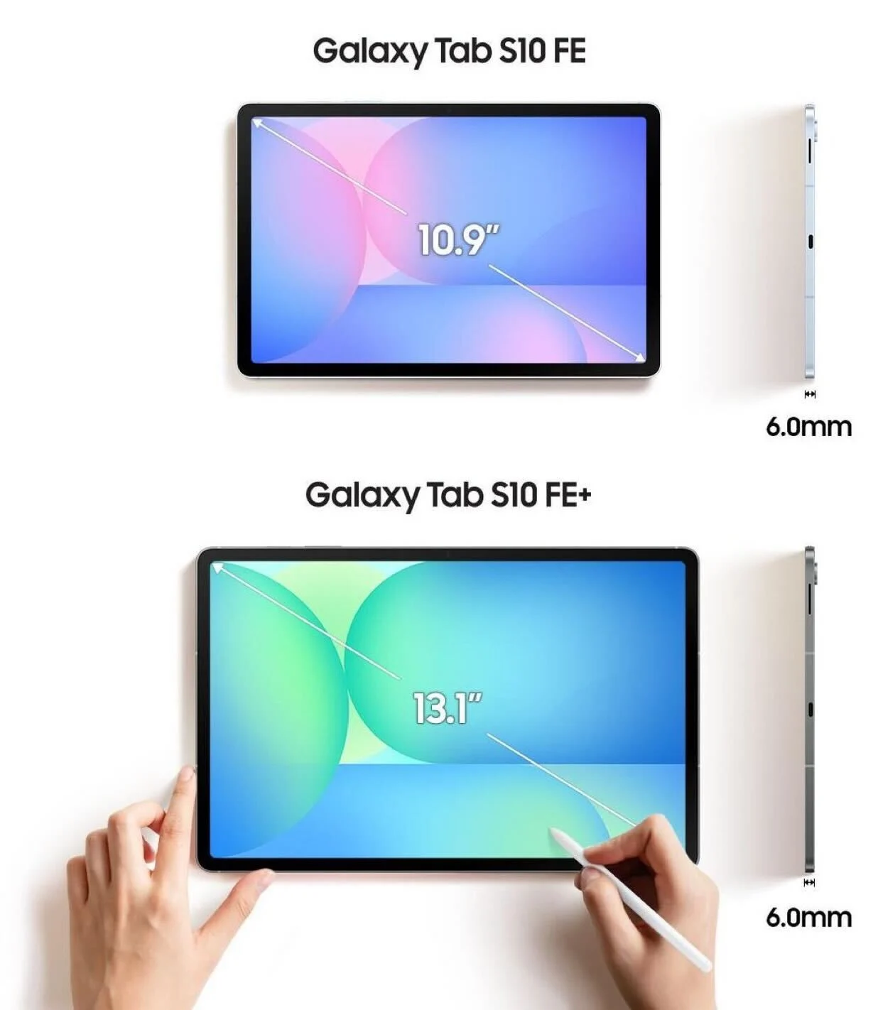  مقایسه اندازه صفحه‌نمایش Galaxy Tab S10 FE با مدل Galaxy Tab S10 FE Plus