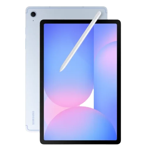 تبلت Galaxy Tab S10 FE Wi-Fi آبی با قلم S Pen سفید در حالت شناور روی نمایشگر