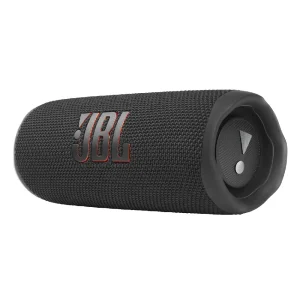 اسپیکر JBL Flip 6 مشکی در نمای سه‌رخ با طراحی استوانه‌ای و لوگوی برجسته