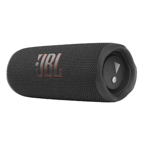اسپیکر JBL Flip 6 مشکی در نمای سه‌رخ با طراحی استوانه‌ای و لوگوی برجسته