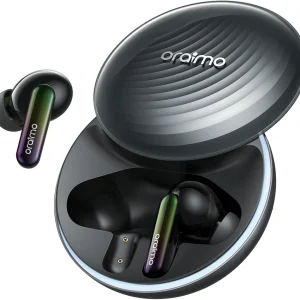 هدفون بی‌سیم اورایمو SpaceBuds با کیس شارژ باز و طراحی مدرن و براق