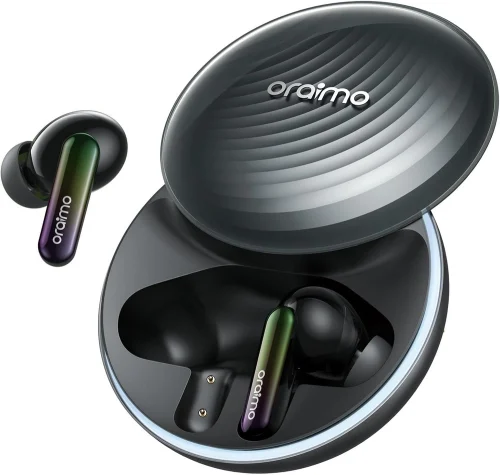 هدفون بی‌سیم اورایمو SpaceBuds با کیس شارژ باز و طراحی مدرن و براق