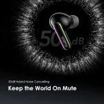 هدفون بی‌سیم اورایمو SpaceBuds با طراحی مشکی براق، ساقه رنگین‌کمانی و کیس شارژ گرد با درب براق موج‌دار