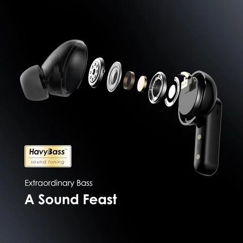 نمای انفجاری از اجزای داخلی هدفون بی‌سیم اورایمو SpaceBuds با فناوری HavyBass برای بیس قوی و صدای شفاف