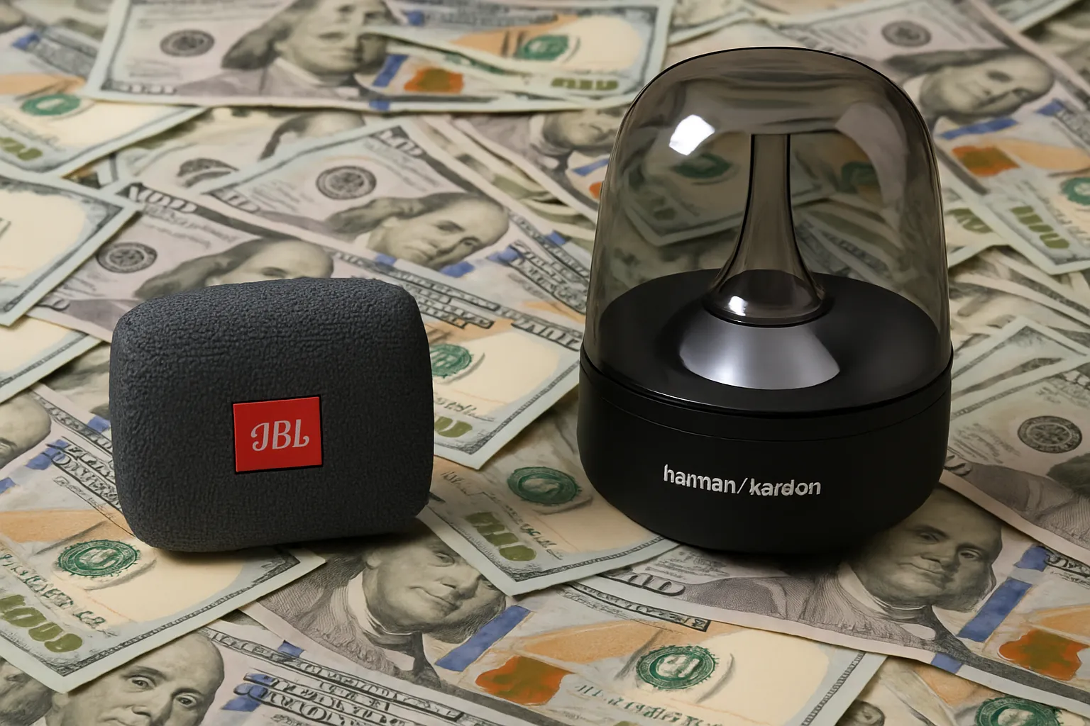 دو اسپیکر JBL و Harman Kardon روی اسکناسهای دلاری؛ نماد تنوع قیمت اسپیکرها