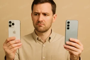 مردی بلاتکلیف در حال مقایسه‌ی Galaxy S25 با iPhone 16؛ کدام گوشی ارزش خرید بیشتری دارد؟ در دست‌های خود