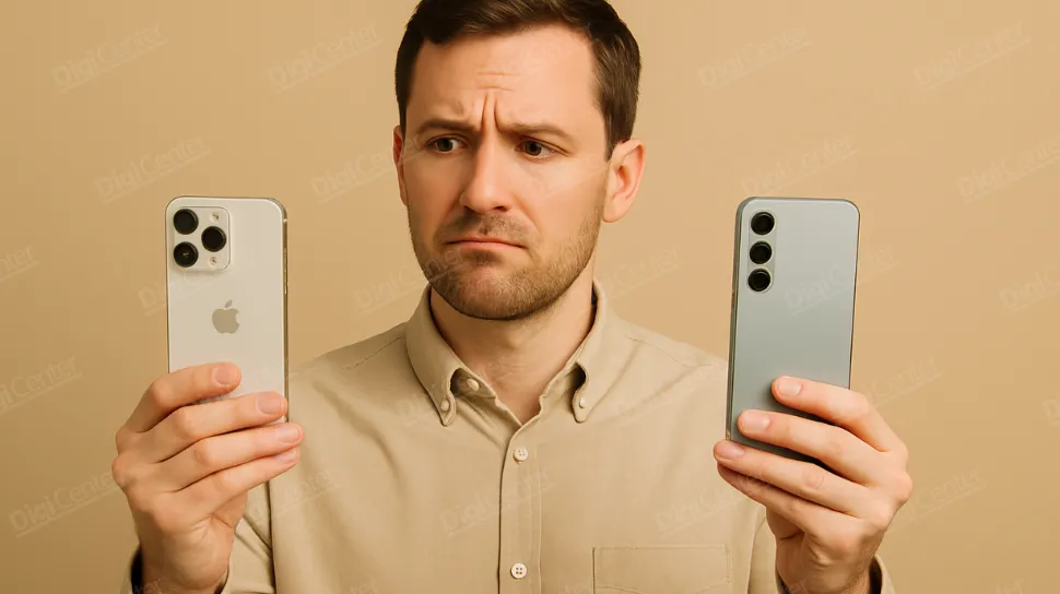 مردی بلاتکلیف در حال مقایسه‌ی Galaxy S25 با iPhone 16؛ کدام گوشی ارزش خرید بیشتری دارد؟ در دست‌های خود