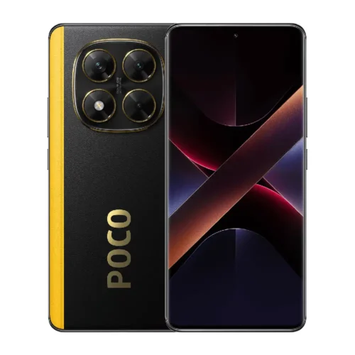 گوشی Poco X7 5G مشکی با نوار زرد و طراحی اسپرت دوربین چهارگانه