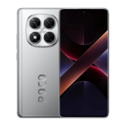 تصویر گوشی موبایل شیائومی مدل Poco X7 5G رنگ نقره‌ای با دوربین چهارگانه و نمایشگر بدون حاشیه