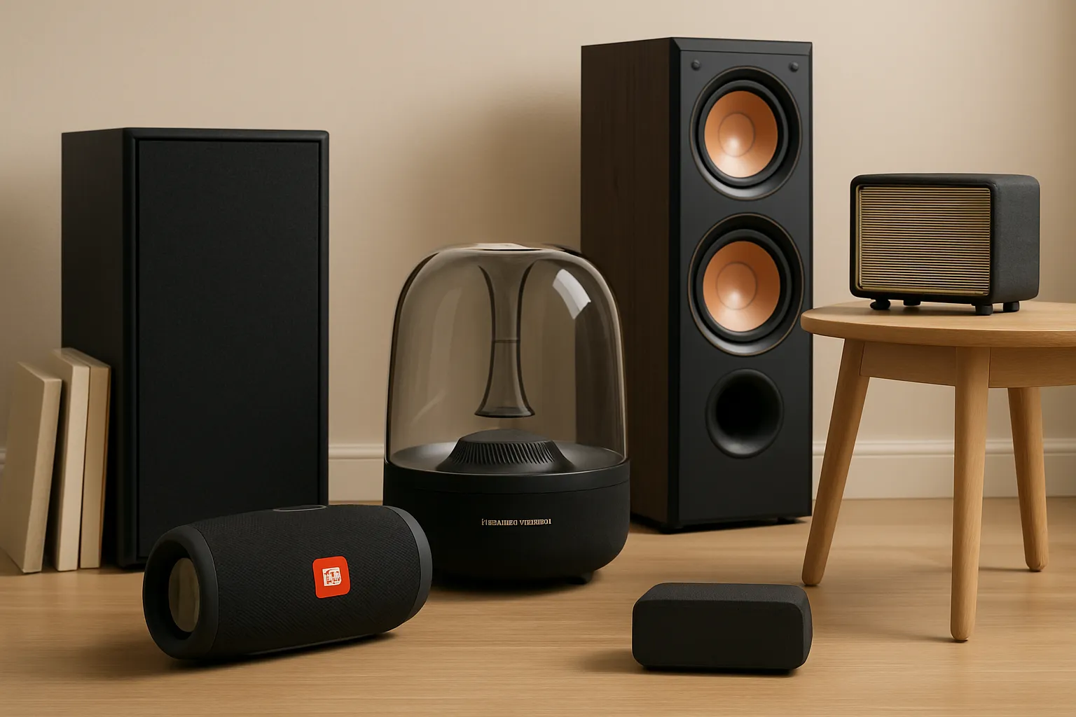 چند مدل اسپیکر بلوتوثی و خانگی از برندهای معتبر مانند JBL و Harman Kardon روی سطح چوبی با پسزمینه نود