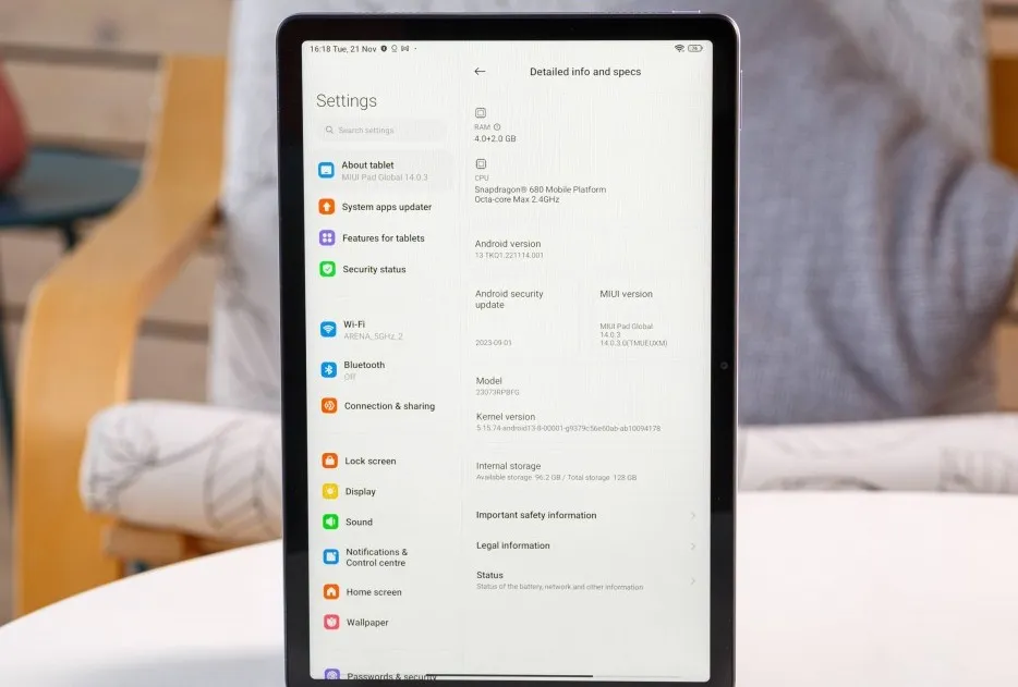 صفحه تنظیمات تبلت شیائومی Redmi Pad SE نسخه 128 گیگابایت رم 4 گیگابایت