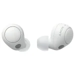 هدفون بی‌سیم سفید رنگ سونی مدل WF-C700N با طراحی مینیمال و مقاوم در برابر پاشش آب روی سطح پارچه‌ای