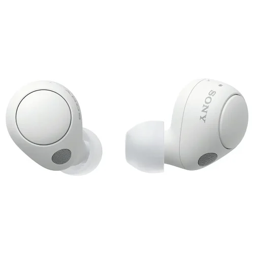 هدفون بی‌سیم سفید رنگ سونی مدل WF-C700N با طراحی مینیمال و مقاوم در برابر پاشش آب روی سطح پارچه‌ای