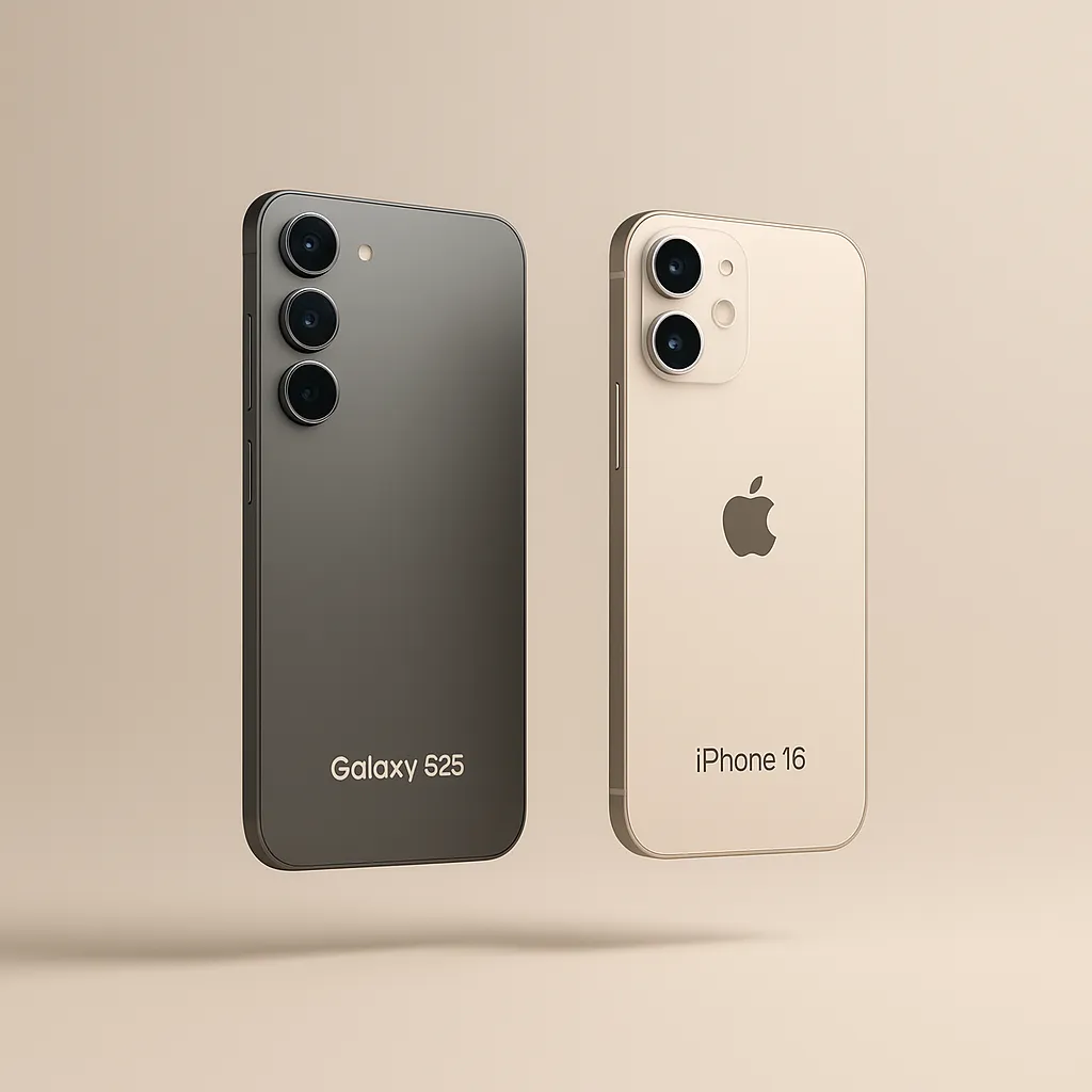 نمای مقایسهی Galaxy S25 با iPhone 16 در پسزمینهای مینیمال و رنگ نود