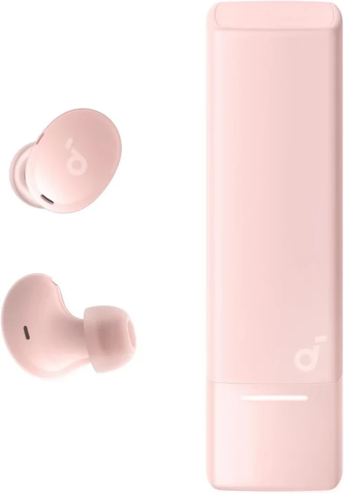 ایرباد بی‌سیم Soundcore A30i در رنگ صورتی ملایم با طراحی شبیه رژ لب