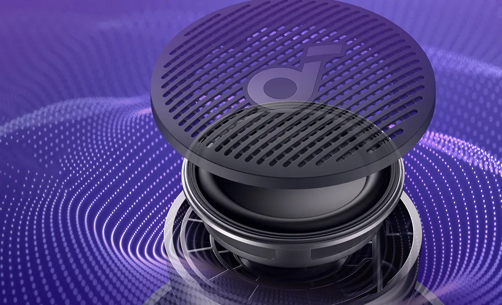 نمای برشخورده از ساختار داخلی اسپیکر Soundcore Glow Mini با جلوههای صوتی بنفش
