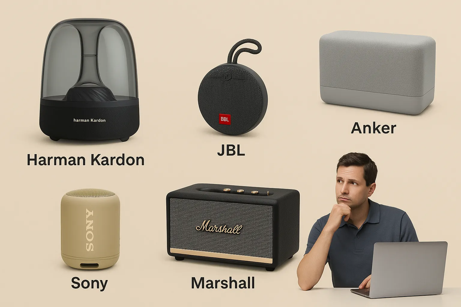 مقایسه اسپیکرهای برتر از برندهای معروف مانند JBL، Harman Kardon، Anker، Sony و Marshall در فضای مینیمال