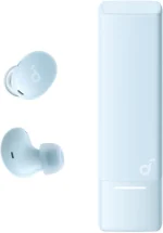ایرباد بی‌سیم Soundcore A30i رنگ آبی روشن همراه با کیس شارژ به شکل رژ لب
