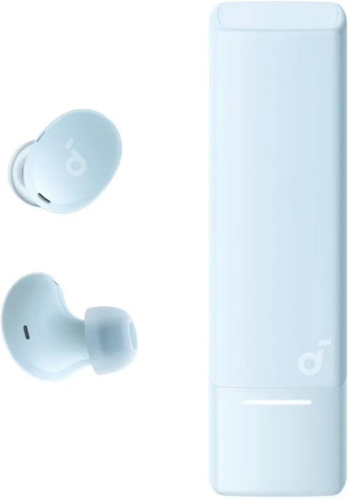 ایرباد بی‌سیم Soundcore A30i رنگ آبی روشن همراه با کیس شارژ به شکل رژ لب