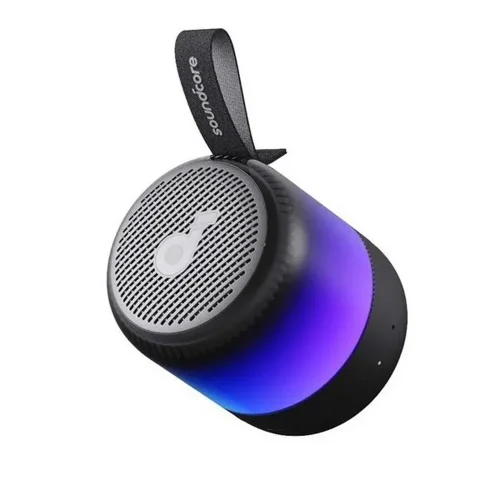 نمای بالا از اسپیکر Soundcore Glow Mini با بند حمل و نور آبی