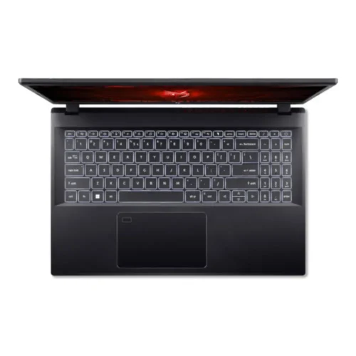 تصویر از بالا از کیبورد لپ‌تاپ Acer Nitro V 15 با نور پس‌زمینه سفید