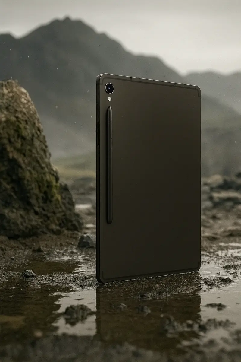 نمای پشت تبلت سامسونگ Galaxy Tab S9 با قلم S Pen در محیط مرطوب و کوهستانی، مقاوم در برابر آب و گردوغبار