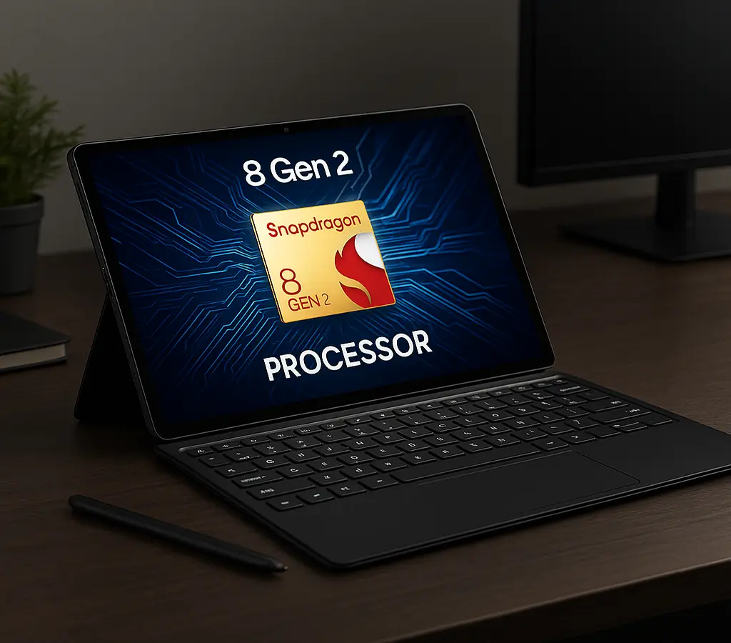 نمای روبهروی تبلت سامسونگ Galaxy Tab S9 روی میز با نمایش قدرت پردازنده Snapdragon 8 Gen 2 و کیبورد مغناطیسی