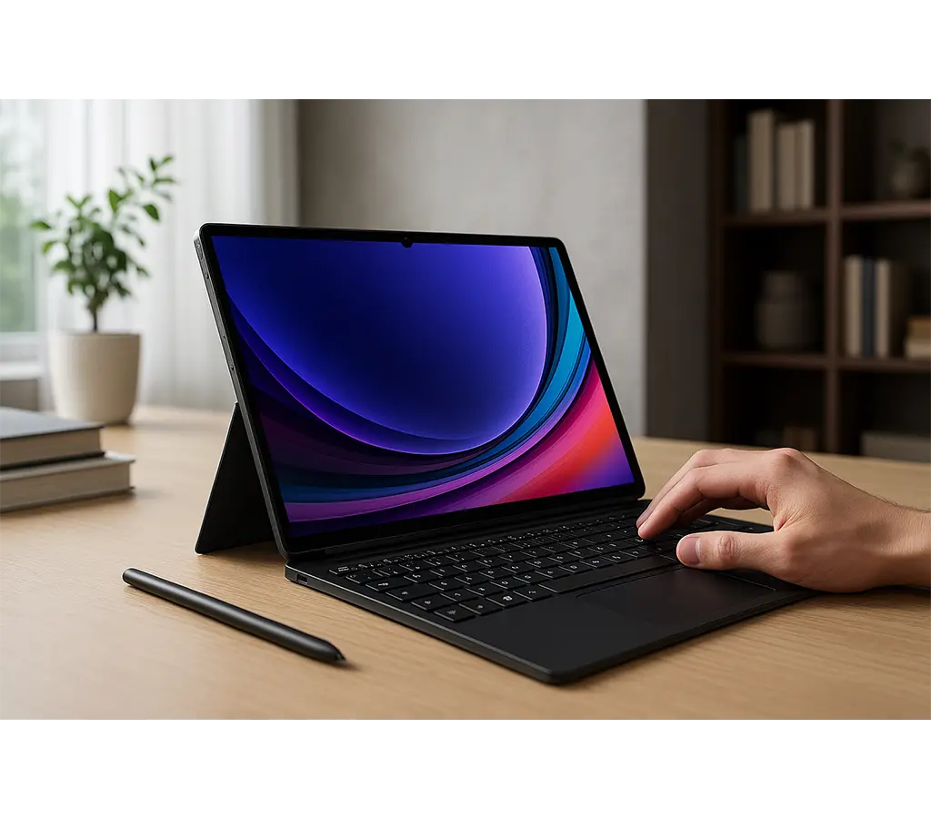 تبلت سامسونگ Galaxy Tab S9 با قلم S Pen و کیبورد، در حال استفاده روی میز کار در محیط خانگی مدرن