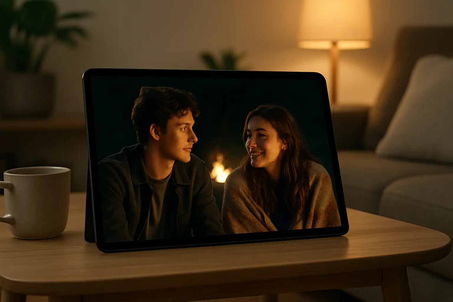 نمایی از تبلت سامسونگ Galaxy Tab S9 در حال پخش فیلم، قرار گرفته روی میز چوبی در یک فضای گرم و دنج خانگی
