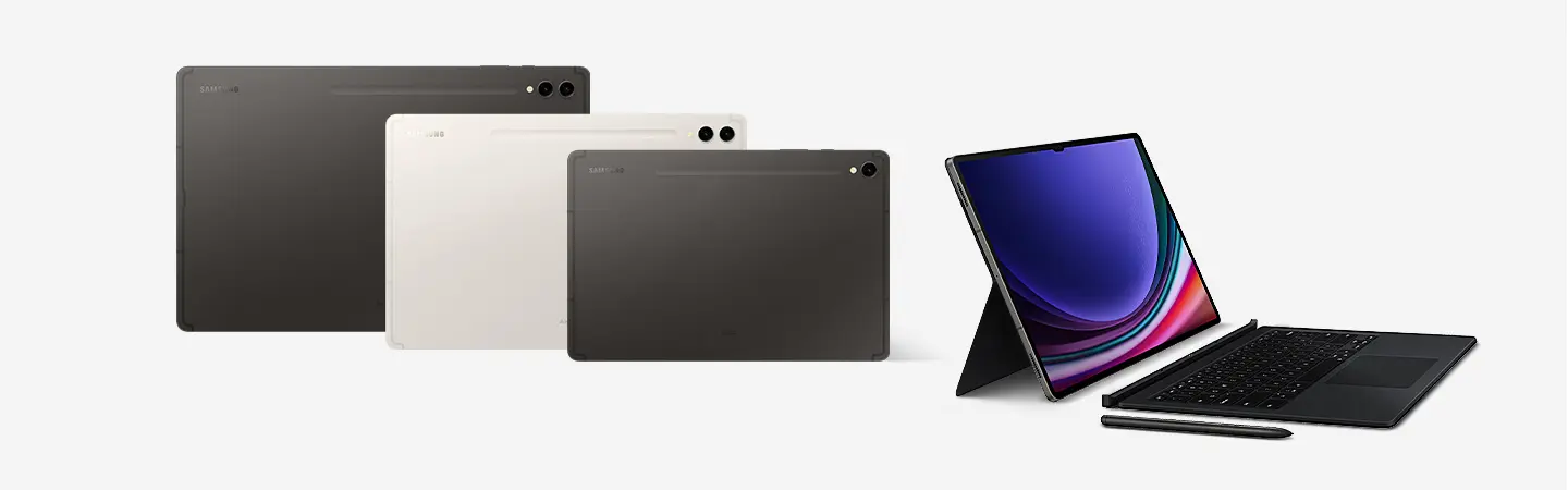 تبلت سامسونگ Galaxy Tab S9 WiFi (X710) در رنگهای مختلف به همراه نمایشگر روشن و کیبورد، مناسب برای کارهای حرفهای و طراحی
