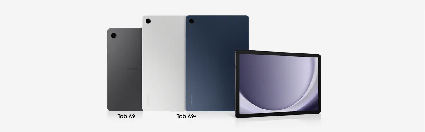  تصویر مقایسه طراحی تبلت سامسونگ Galaxy Tab A9 و Galaxy Tab A9 Plus از نمای پشت و جلو