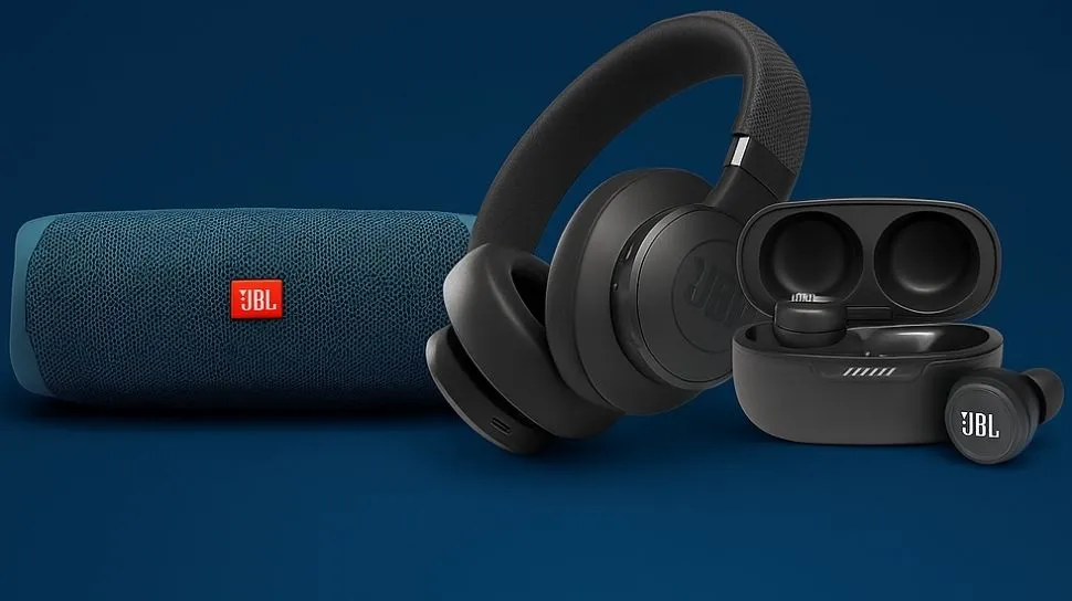 تصویر تبلیغاتی برند جیبیال با نمایش اسپیکر بلوتوثی و هدفون بیسیم در کنار لوگوی JBL