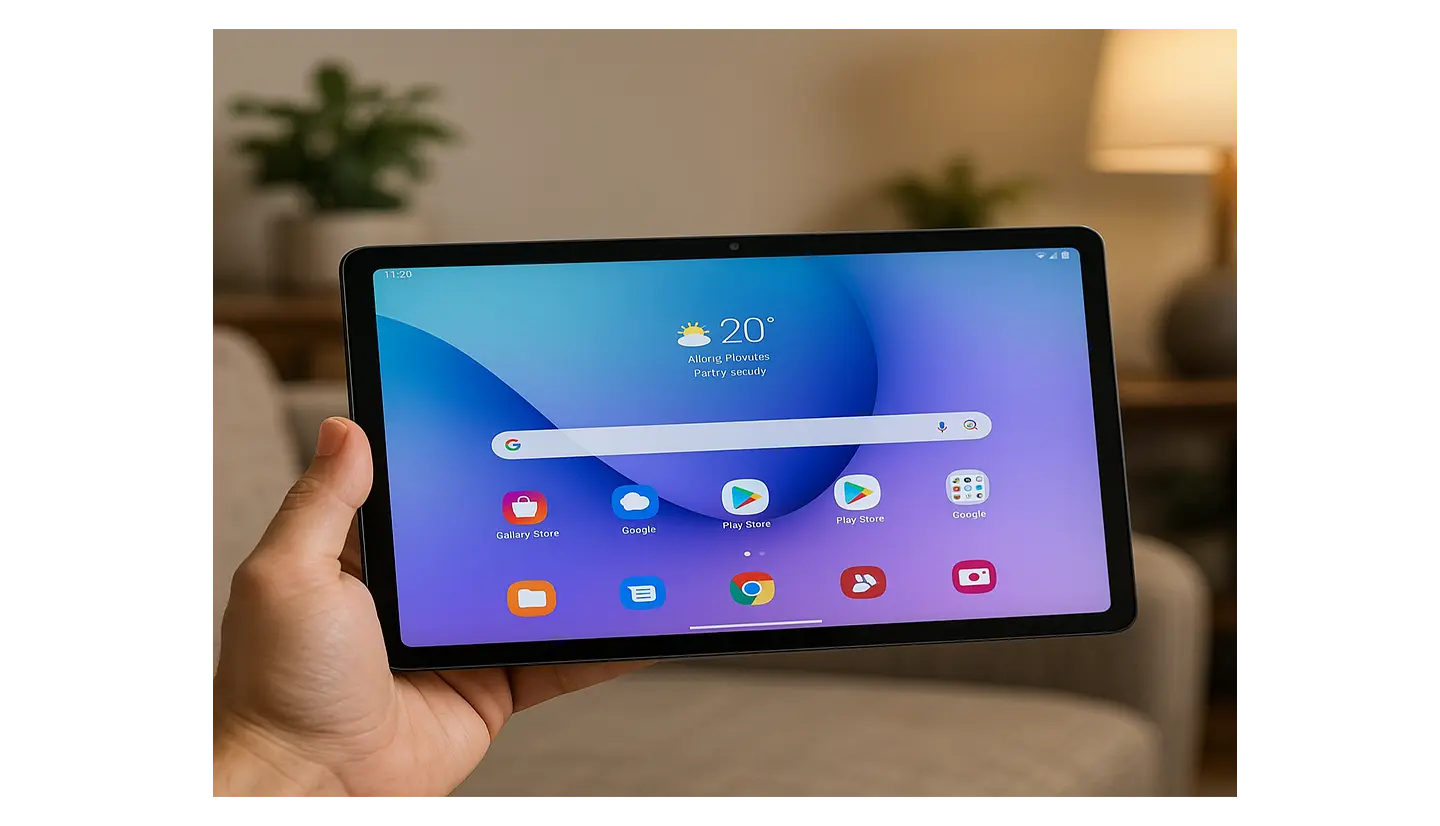 تبلت سامسونگ Galaxy Tab A9 Plus 5G در حال استفاده در محیط خانگی با صفحهنمایش روشن و رابط کاربری سامسونگ