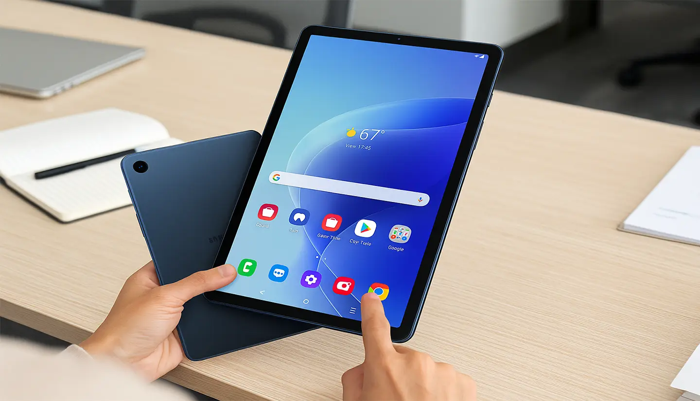 تصویر تبلت سامسونگ Galaxy Tab A9 Plus مدل X216 در حال استفاده در محیط اداری