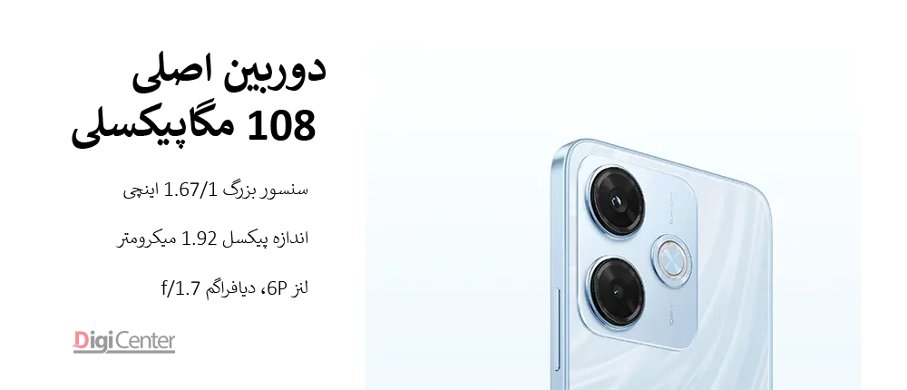 نمای نزدیک دوربین دوگانه گوشی شیائومی Redmi 13 آبی با طراحی براق و لنزهای حرفهای