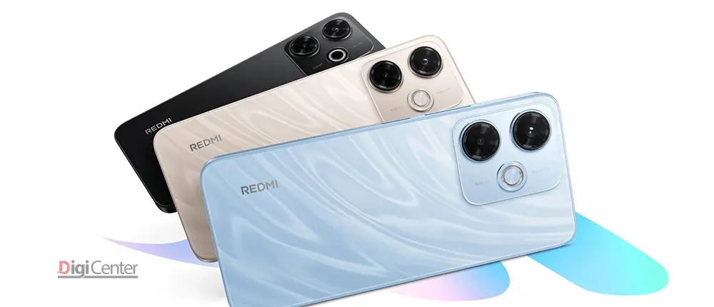 تصویر سه گوشی شیائومی Redmi 13 در رنگهای مشکی، بژ و آبی با طراحی دوربین دوگانه و بدنه براق