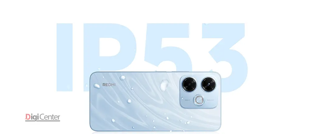 تصویر پشت گوشی Redmi 13 آبی با قطرات آب روی بدنه – دارای گواهی IP53 برای مقاومت در برابر پاشش آب و گرد و غبار