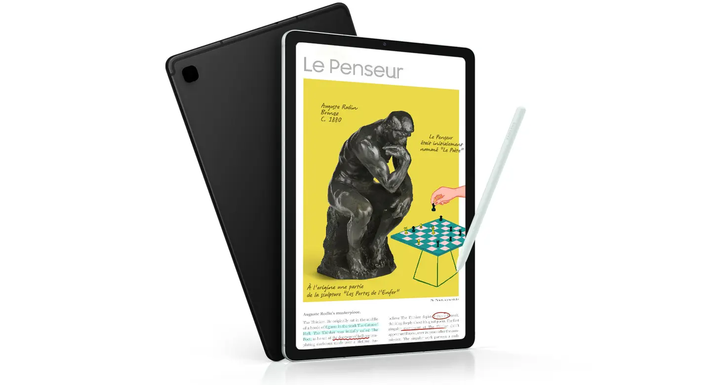 نمای جلویی و پشتی تبلت سامسونگ گلکسی تب S6 Lite مدل 2024 به همراه قلم S Pen، نمایش تصویر آموزشی بر روی صفحه نمایش با مجسمه متفکر رودن و طراحی گرافیکی رنگارنگ