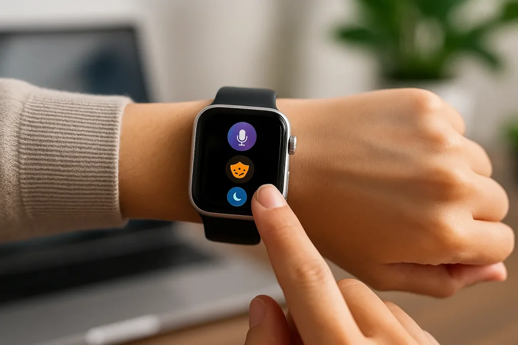 نمایش اپل واچ در حال اجرای ترفندهایی مثل Silent Mode یا Siri در محیط کاری مدرن