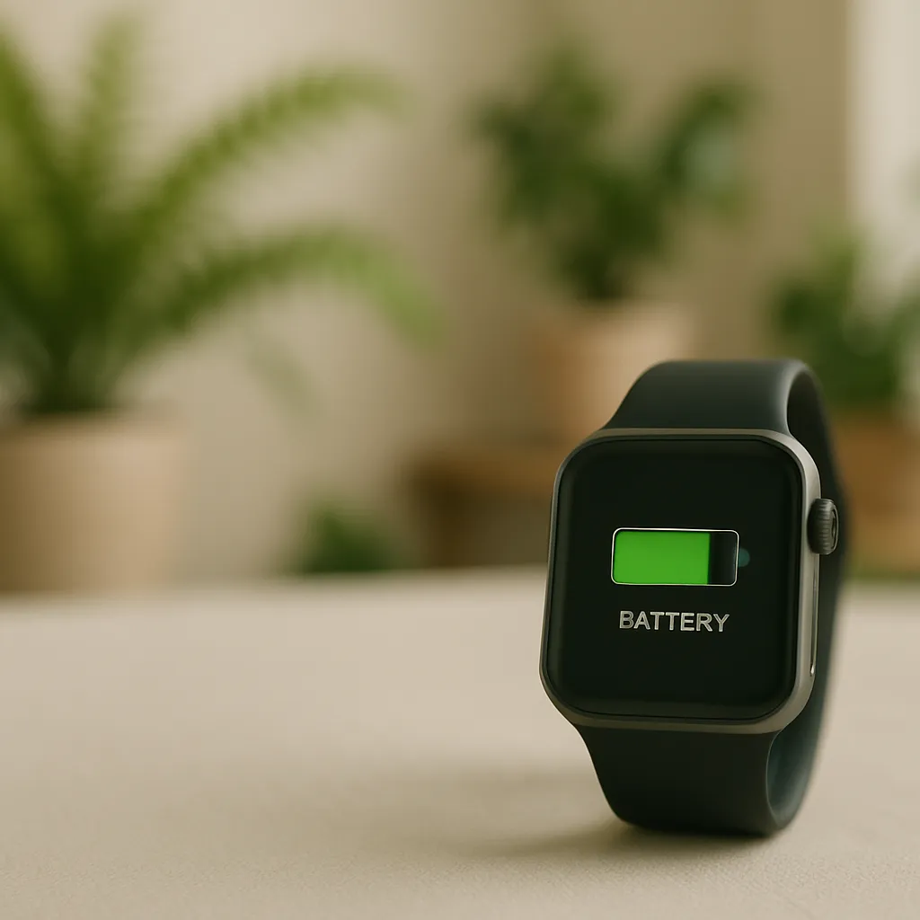 Apple Watch با بند مشکی روی میز، در حال نمایش وضعیت باتری در محیطی با پسزمینه گیاهان و نور طبیعی