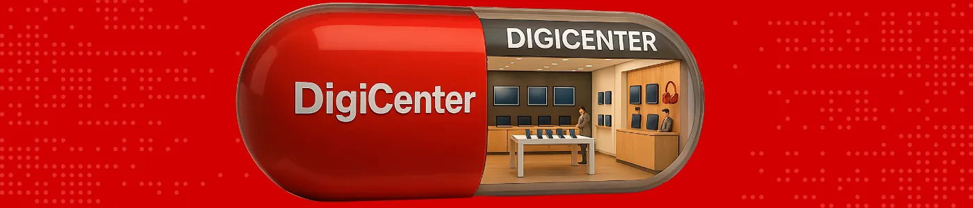 تصویر یک کپسول دیجیتال قرمز با نوشته DigiCenter که داخل آن نمای یک فروشگاه دیجیتال با نمایشگرها، لپ‌تاپ‌ها و هدفون‌ها دیده می‌شود. طراحی خلاقانه نمادین برای فروشگاه محصولات دیجیتال.