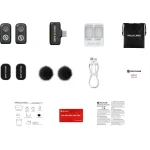 لوازم جانبی و محتویات جعبه میکروفون بیسیم هالیلند LARK A1 Mini Duo Type-C شامل فرستندهها، گیرنده، کیس شارژ، کابل USB-C و بادگیر.