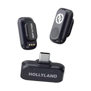 میکروفون بی‌سیم دو نفره هالی‌لند LARK A1 Mini Duo Type-C همراه با گیرنده و دو فرستنده مشکی رنگ.