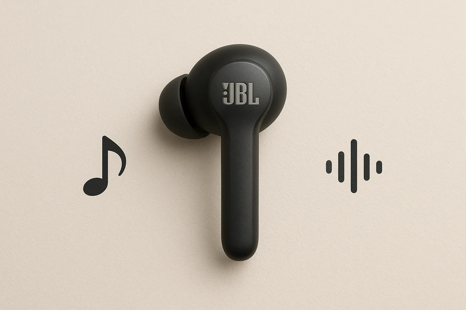 نمای نزدیک از ایرباد JBL Tune Flex مشکی در میان آیکونهای موسیقی و صدا
