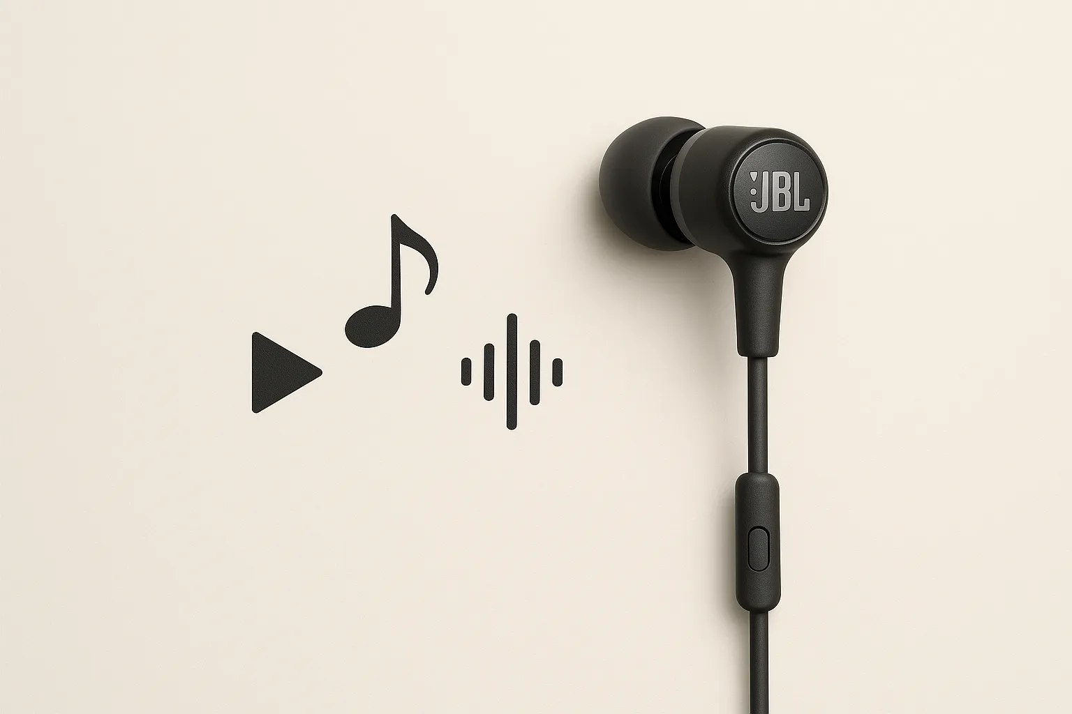 هندزفری سیمی JBL مشکی در کنار نمادهای موسیقی، در پسزمینه ساده و روشن