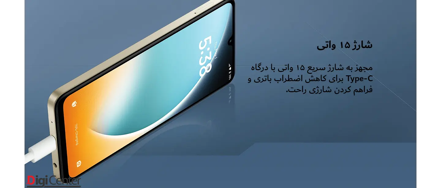 گوشی پوکو C71 در حال شارژ شدن با کابل Type-C و پشتیبانی از شارژ سریع 15 واتی