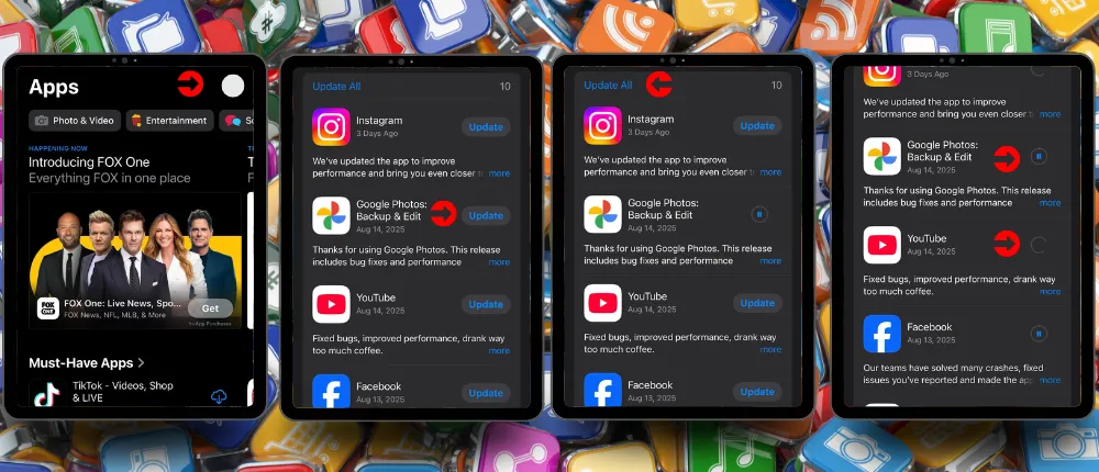 تصویری از بخش آپدیت اپلیکیشنها در آیفون شامل برنامههای اینستاگرام، گوگل فوتوز، یوتیوب و فیسبوک