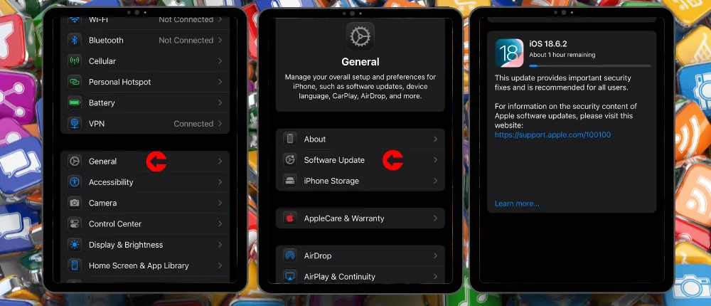 مراحل بهروزرسانی سیستمعامل iOS در آیفون از طریق تنظیمات (General → Software Update)