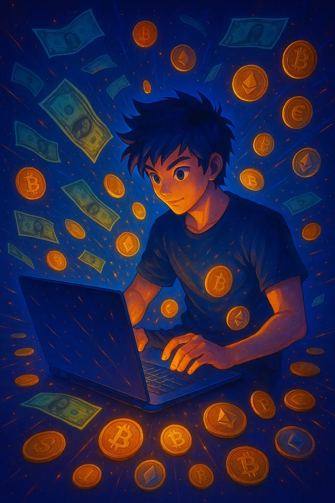 گیمر انیمه‌ای در حال بازی میان دلار و ارز دیجیتال